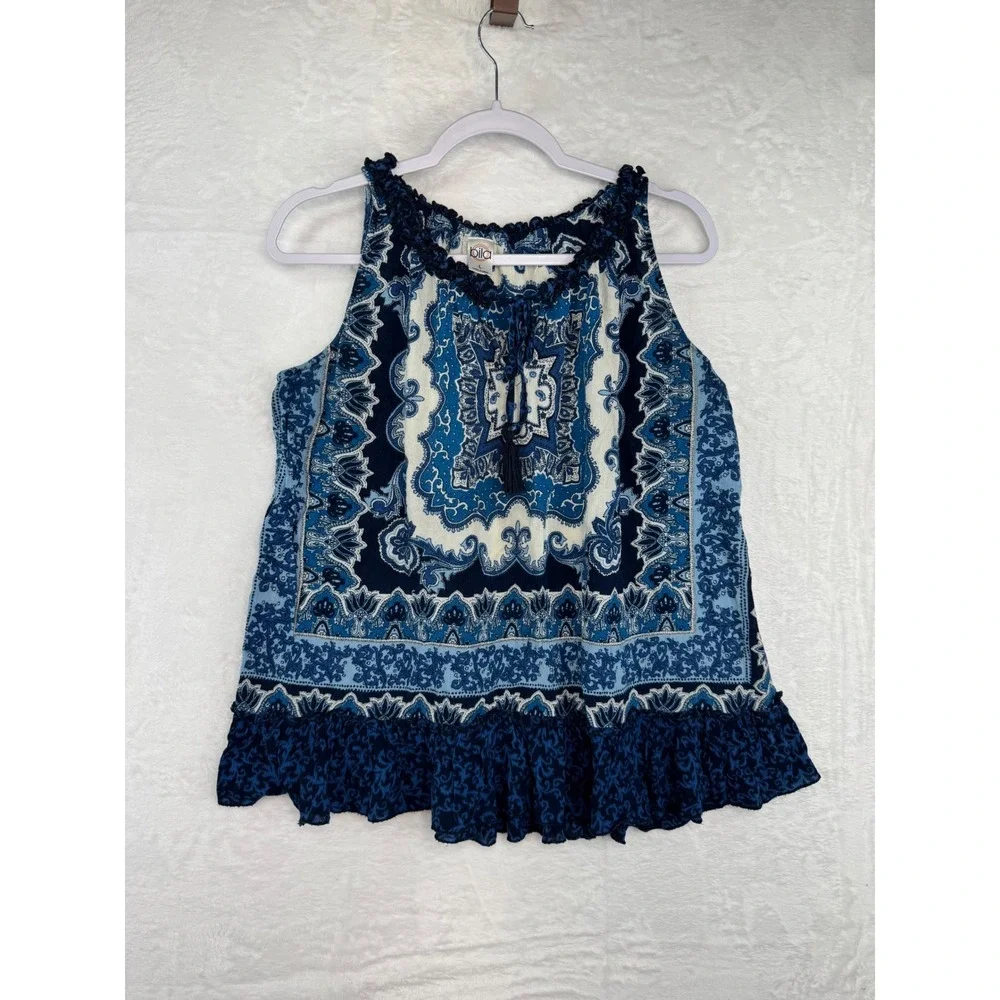 Bila Womens Blue Medallion Paisley Sleeveless Boho Ruffle Tassel Top Large - Picture 7 of 8